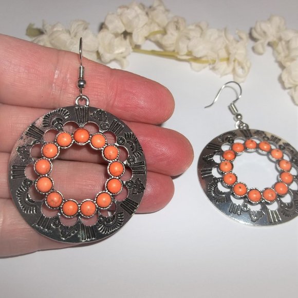 Hoop Earring Orange Silver Southwestern Tribal Aztec Boho Style Drop Dangle A482 - Picture 5 of 5